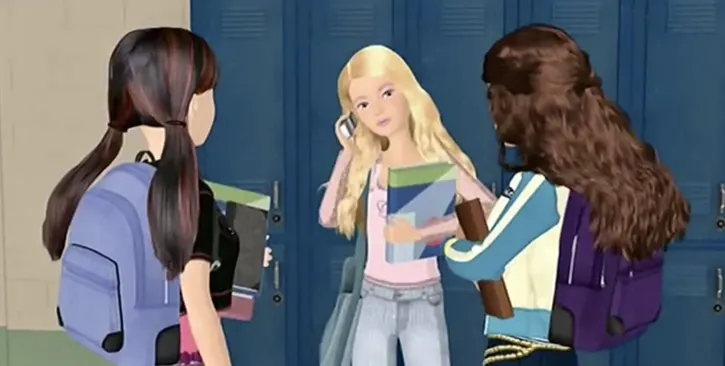 Barbie speaking on the phone while she stands with two friends by her locker