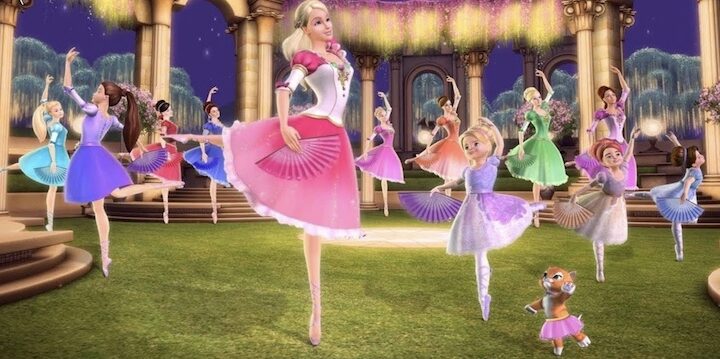 Barbie as Geneveive and the other princesses dancing outside in a courtyard