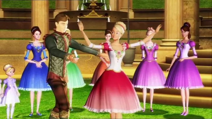 Barbie dancing outside with a prince and the other princesses