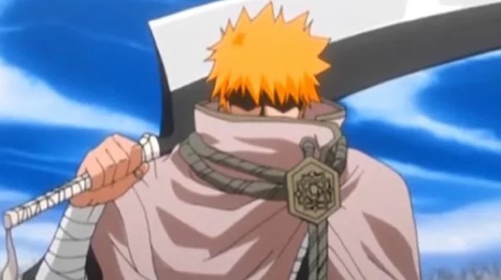 Ichigo holding a large sword over his shoulder