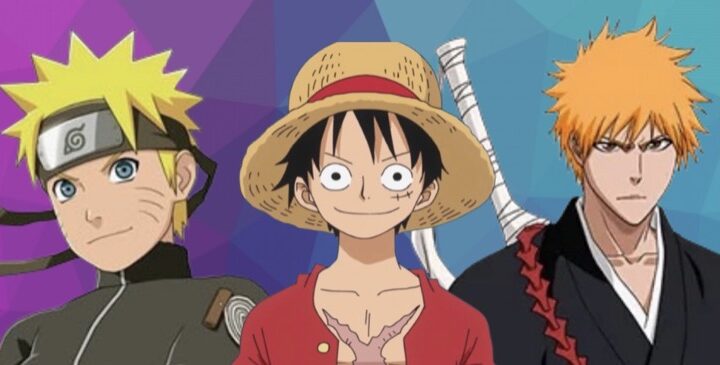 Monkey D Luffy, Ichigo, and Naruto standing side by side view from the chest up