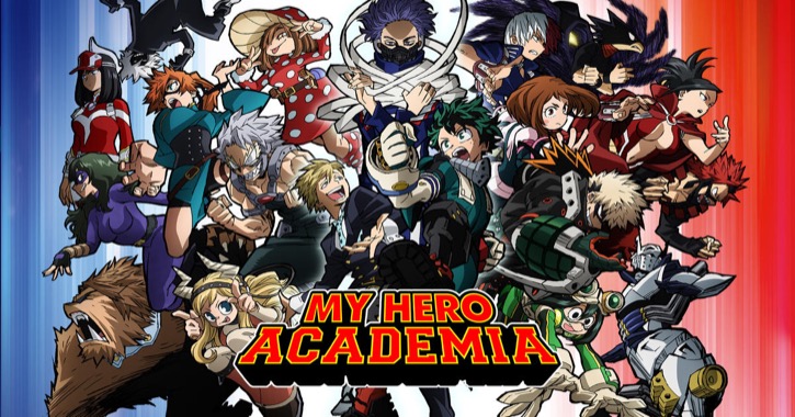 My Hero Academia anime cover art with dozens of characters
