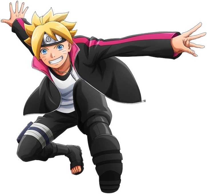Boruto jumping with his arms spread wide