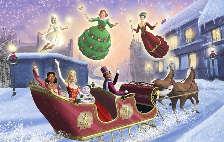 Eden, Catherine, and Chuzzlewit riding in a slay with three Christmas Spirits above