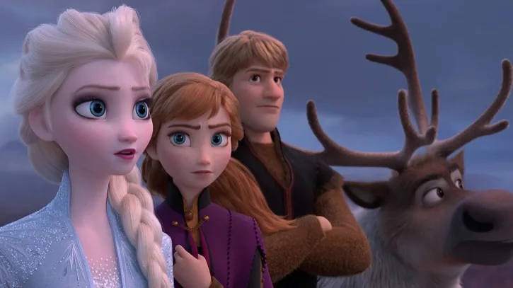 Elsa image with Anna, Kristoff, and Sven faces up close