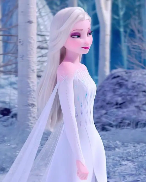 Elsa in her white dress and purple eye shadow