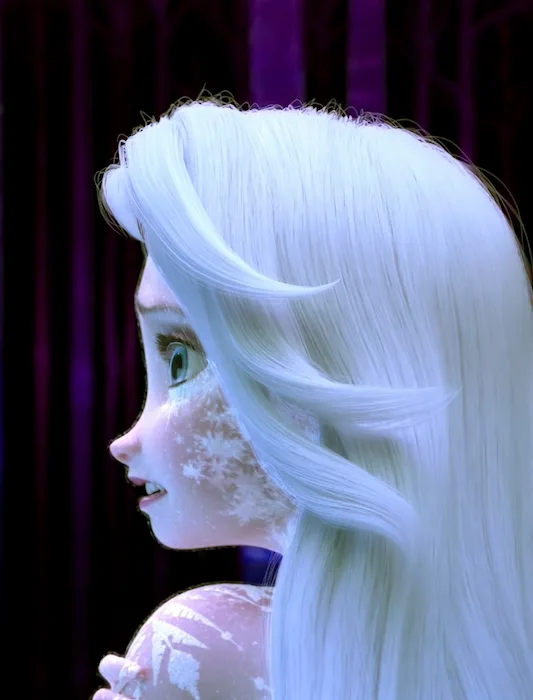 Elsa side view with her skin turning to snowflakes and ice