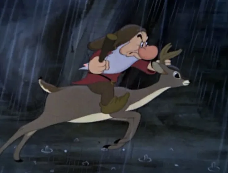 Grumpy riding a deer to rescue Snow White