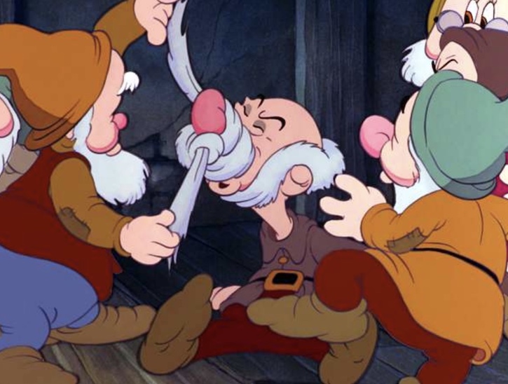 Happy dwarf tying Sneezy's beard around his nose