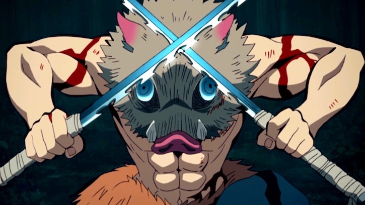 Inosuke holding his katanas in the shape of an X across his boar mask