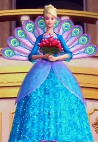 Rosella wearing a blue dress and holding red roses