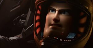 Buzz Lightyear close up of his face at take off in his ship