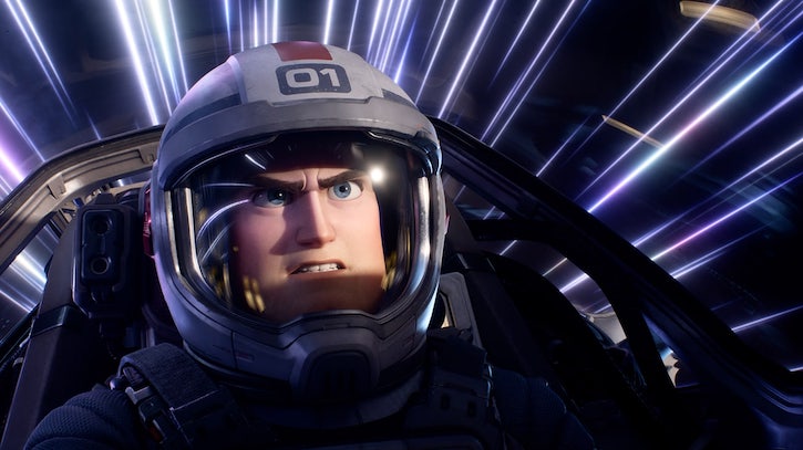Close up of Buzz's face flying through space