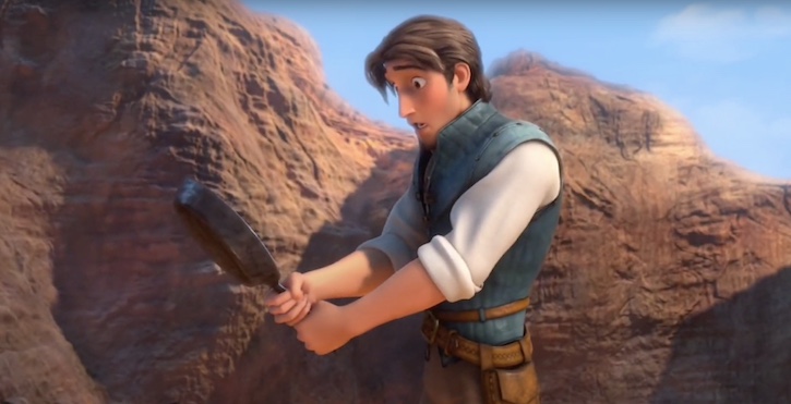 Flynn Rider holding a pan that he used to knock out three guards