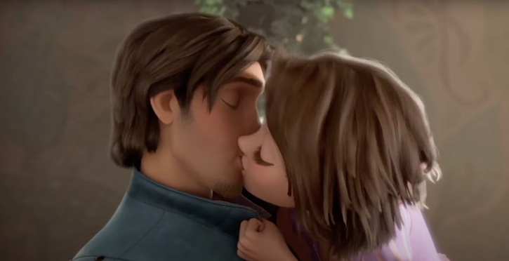 Flynn Rider kissing Rapunzel with short brown hair