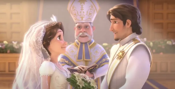 Flynn and Rapunzel standing at the wedding alter with a priest