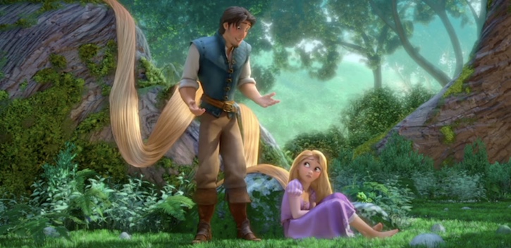 Flynn and Rapunzel talking outside in a forest