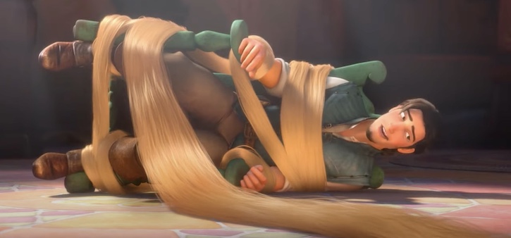 Flynn tied up by Rapunzel's hair in a tipped over chair