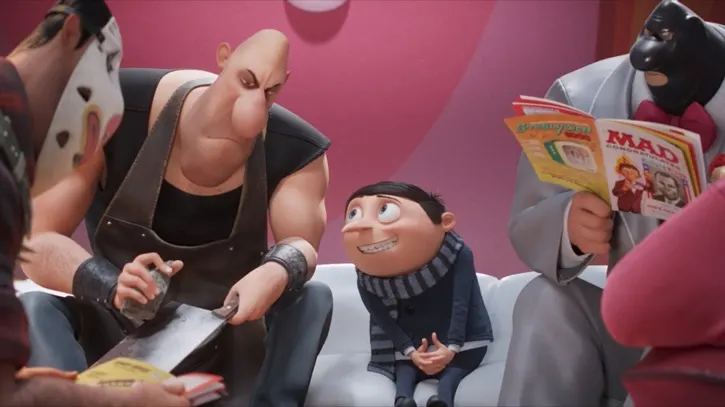 Gru in a waiting room with other villains