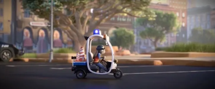 Judy driving her slow car to deliver parking tickets