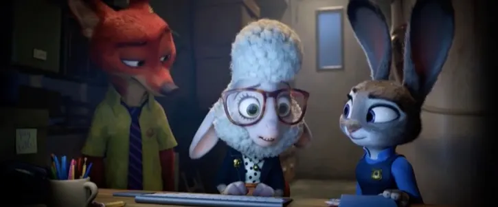 Nick Wilde, Judy Hopps, and Dawn Bellwether in her closet office