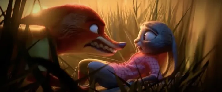 Nick pretending to be mean and Judy pretending to be scared