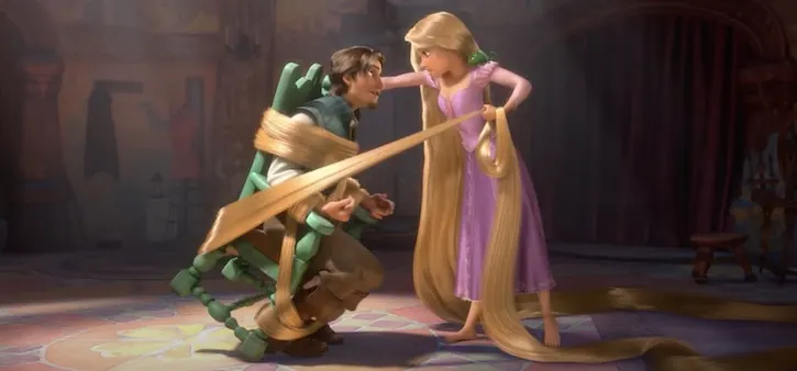Rapunzel ties up Flynn Rider in a green chair with her hair