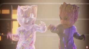 Groot dancing with a clear gel twin