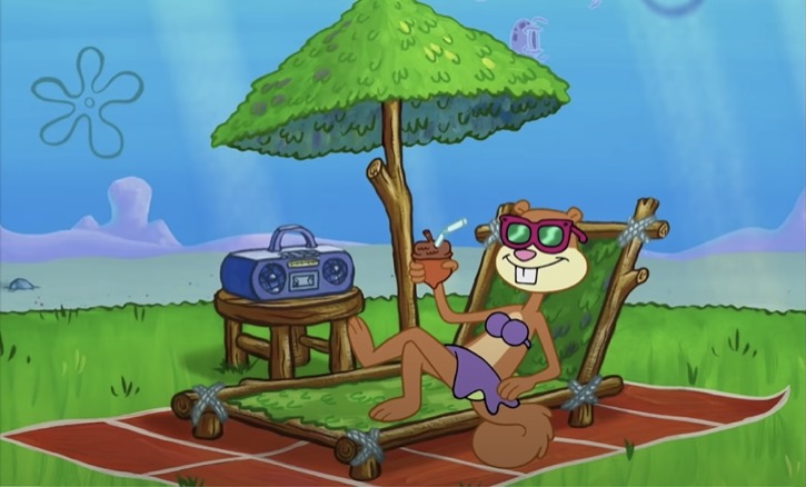 Sandy SpongeBob relaxing in her treedome and purple bikini