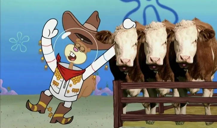 SpongeBob Sandy Cheeks dressed as a Cowboy singing with three cows