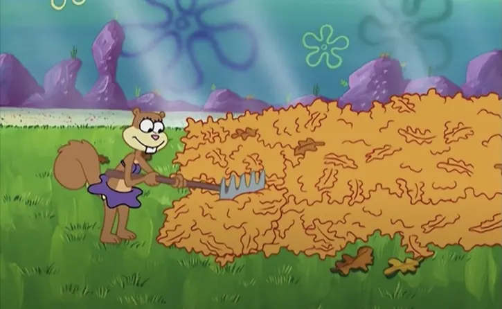 SpongeBob Sandy raking leaves in her treedome