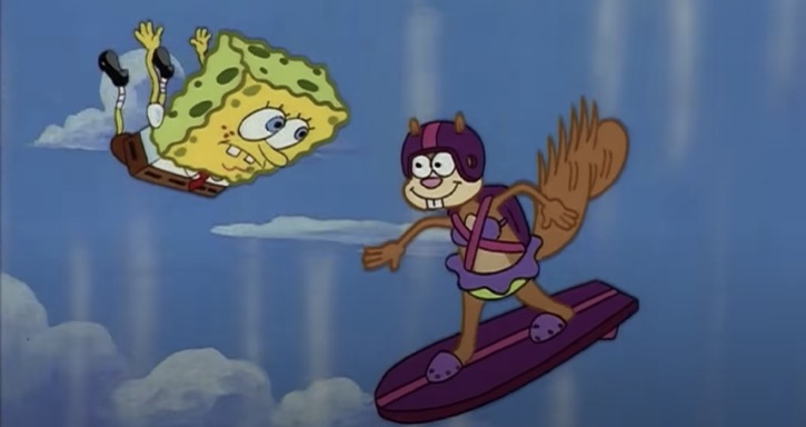 SpongeBob visiting Sandy Cheeks sky surfing in her dreams