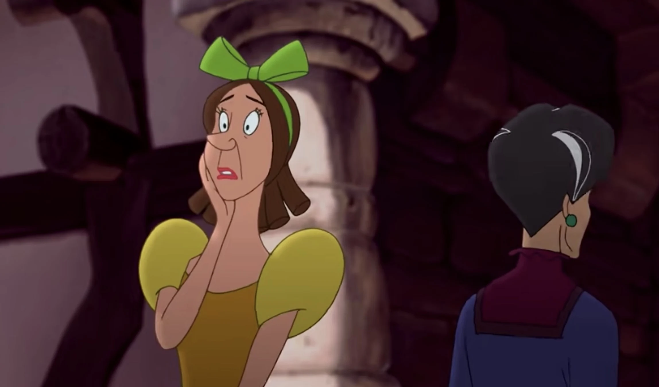 A shocked look on Drizella's face as her mother walks away