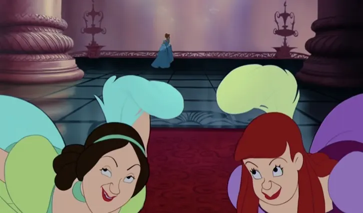 Anastasia and Drizella bow to the Prince as he sees Cinderella walking by