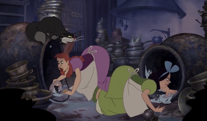 Anastasia and Drizella cleaning large pots on the floor