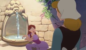Cinderella finds Anastasia crying by a fountain