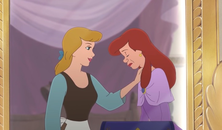 Cinderella puts her hand on Anastasia's shoulder