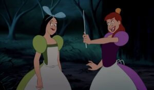 Drizella and Anastasia in the woods find the magic wand