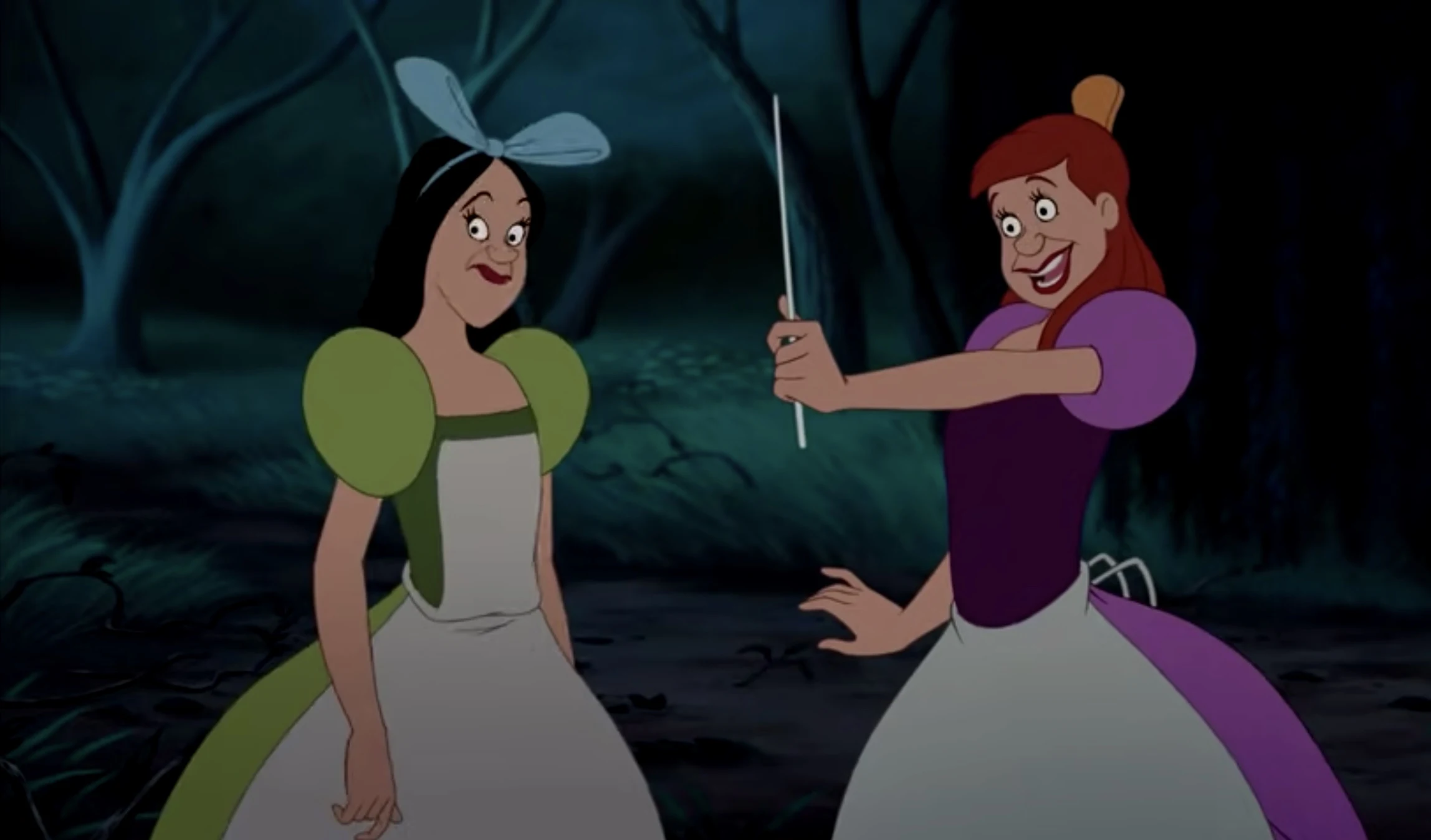 Drizella and Anastasia in the woods find the magic wand