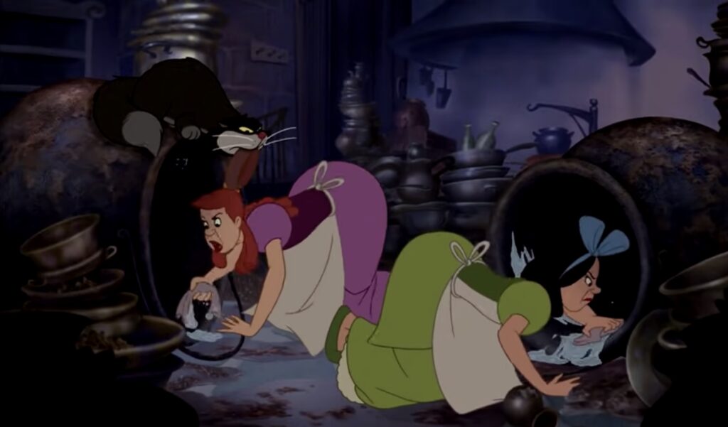 Drizella cleaning a large pot with her sister Anastasia