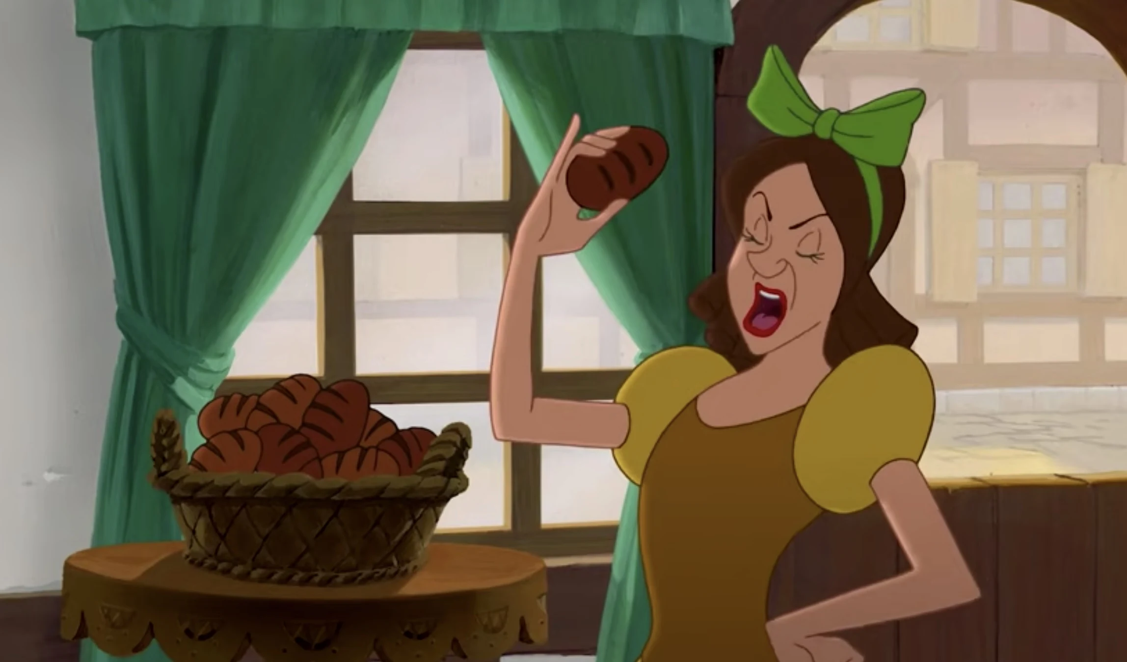 Drizella holding a freshly baked roll