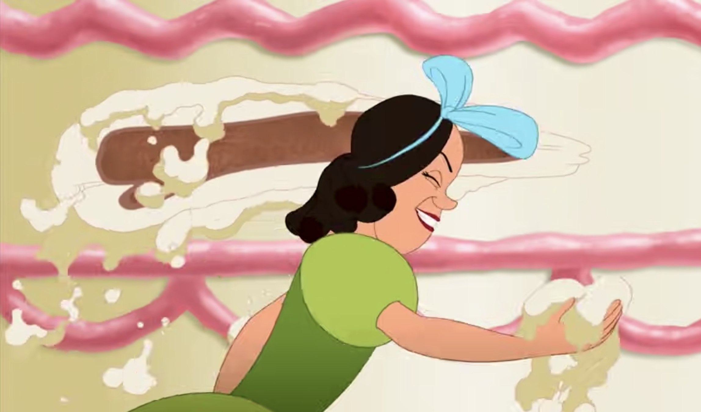 Drizella swiping a large handful of frosting off a large cake