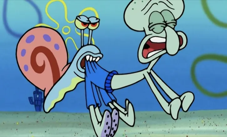 Gary biting Squidward on the butt