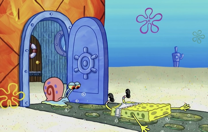 Gary kick SpongeBob out the front door of his house