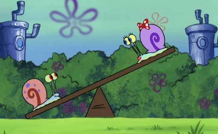 Gary on a teeter totter with a girl snail