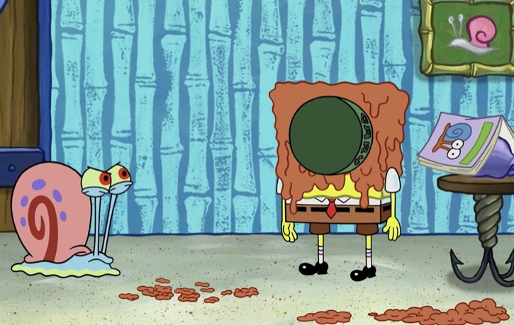 Gary throwing his food bowl at SpongeBob