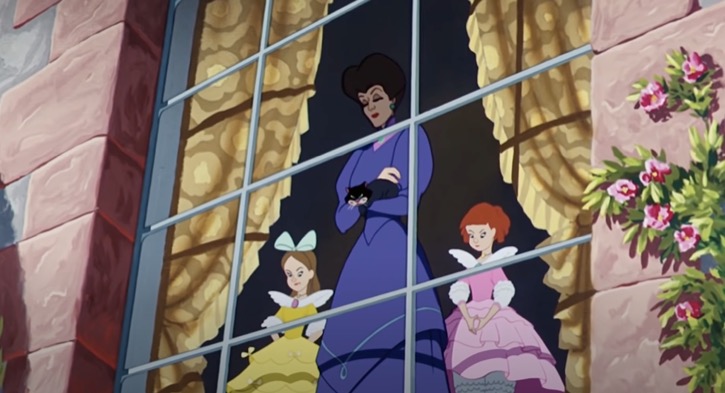 Lady Tremaine hold Lucifer next to young Drizella and Anastasia