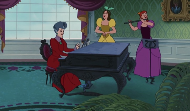 Lady Tremaine playing the Piano and Anastasia playing the flute while Drizella sings