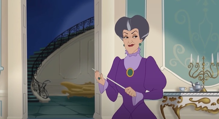 Lady Tremaine tapping a magic wand in her hand with an evil grin