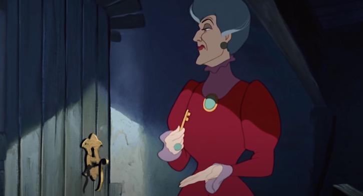 Lady Tremaine tapping the key to lock Cinderella's room in her hand